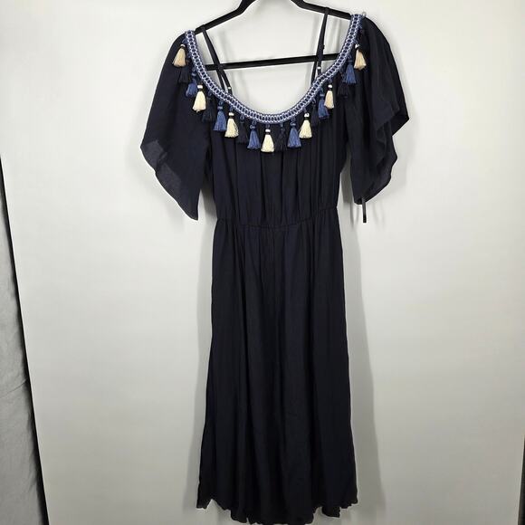 Tularosa Fiesta Size M Navy Tassel Trim Dress Off The Shoulder A Line Whimsigoth - Picture 4 of 6